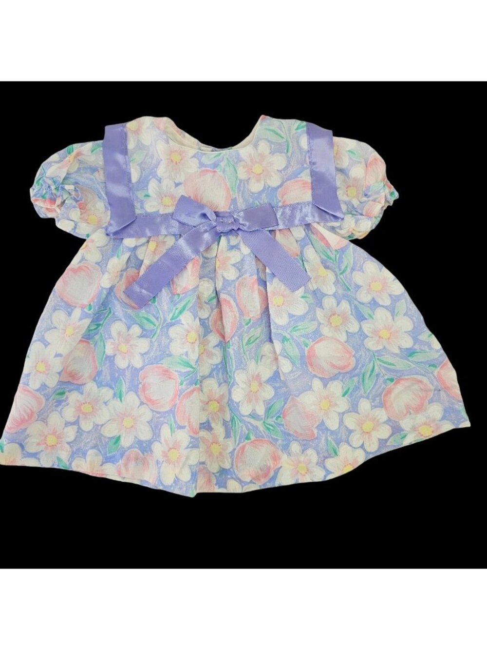 Vintage 60s Cutest One Baby Girl Dress 12M Pastel Floral Puff Sleeve Bow Sash